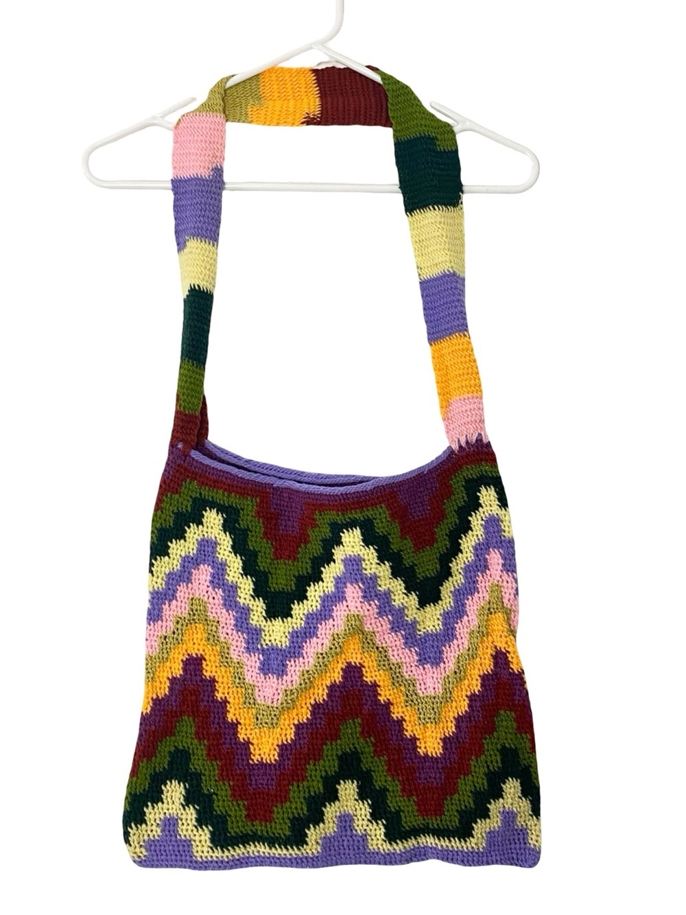 Among Equals Hand Knit Bag Purse Colorful Multi Colored Zip Zag Red Green Purple